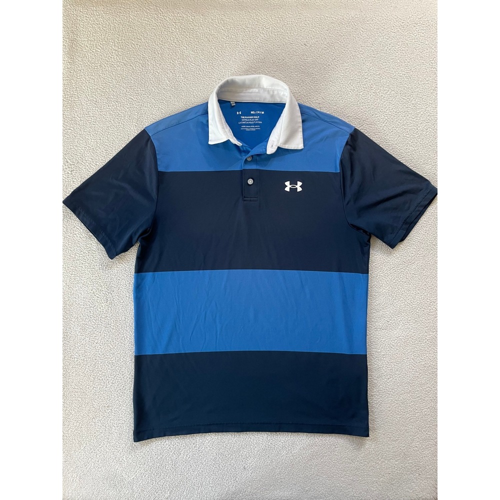 Under Armour Mens Medium Playoff Polo‎ Blue Striped White Collar Performance Tee